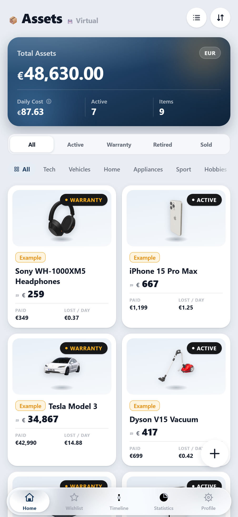 AssetsManager's Home screen: a €48,630 total above a shelf of items — headphones, an iPhone, a Tesla — each showing what it's worth now